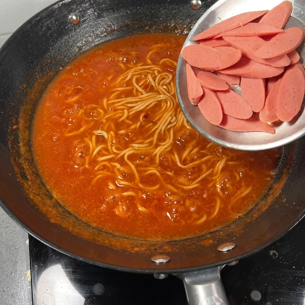 Würstchenscheiben und frischer Baby-Pak-Choi werden zur Tomaten-Nudelsuppe gegeben.