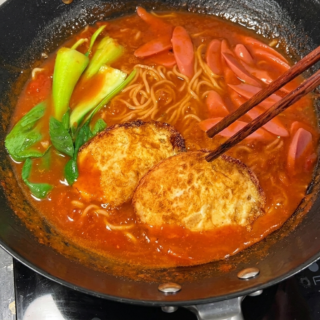 Zwei knusprige Spiegeleier ruhen auf einer farbenfrohen Schale Tomaten-Nudelsuppe.