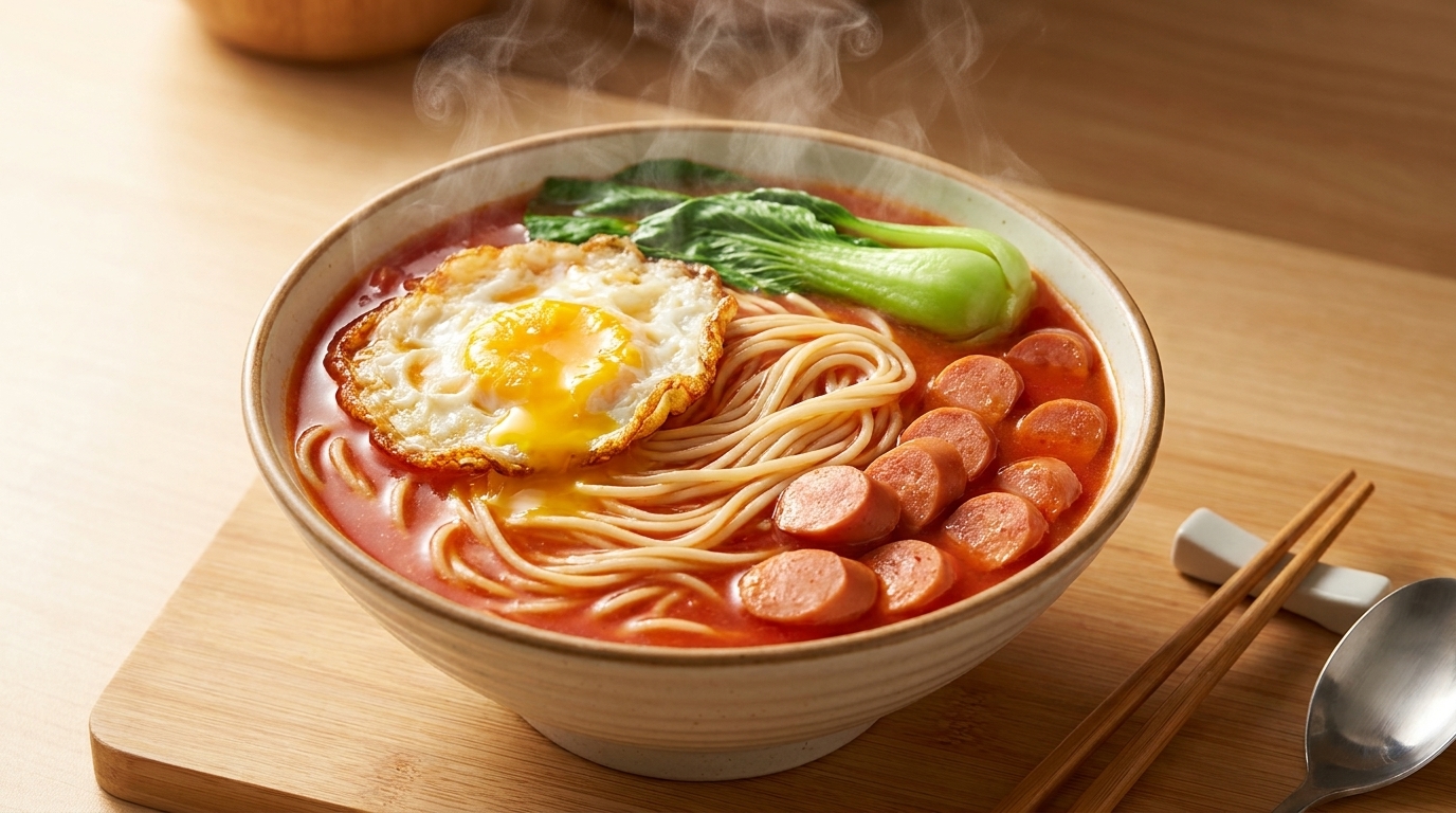 Reichhaltige Tomaten-Nudelsuppe mit Spiegelei