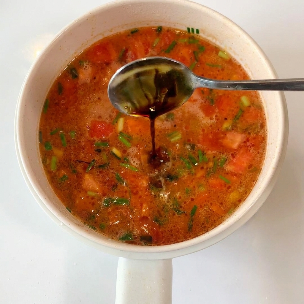 Ein Löffel dunkle Sauce wird in die köchelnde Tomatensuppe gegeben.