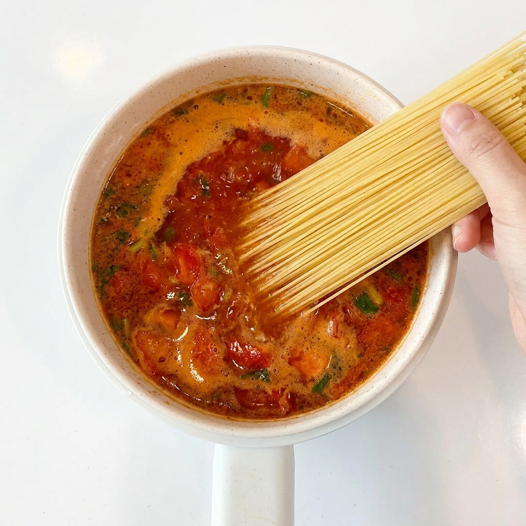 Lange Nudeln werden in die sprudelnde Tomatensuppe im Topf eingetaucht.