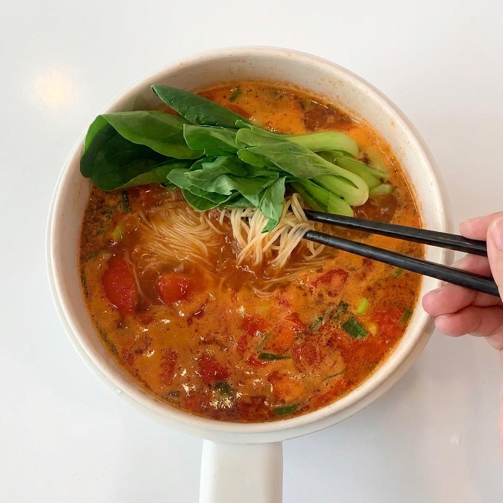 Nahaufnahme eines Topfes mit kochender Tomatensuppe, in dem Nudeln und grünes Gemüse zusammen umgerührt werden.