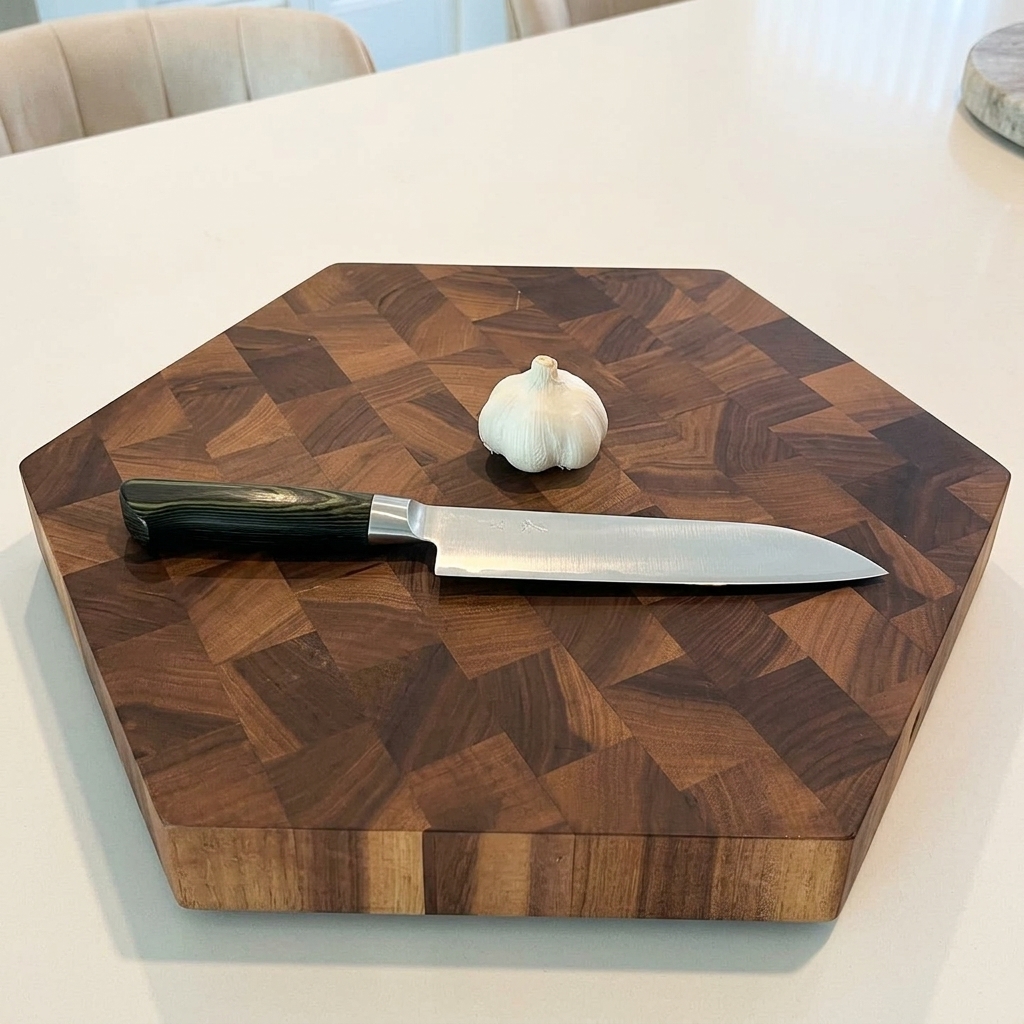 Ein scharfes Küchenmesser beim Schneiden von Knoblauchzehen in dünne Scheiben auf einem Holzbrett.