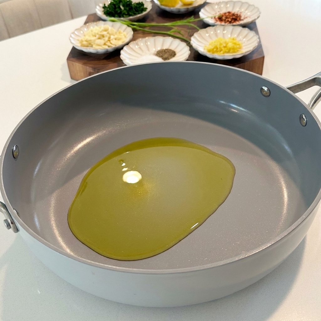 Extra natives Olivenöl wird in eine große, saubere Pfanne gegossen.