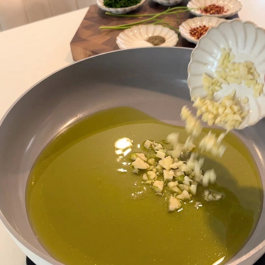 Dünne Knoblauchscheiben braten in Olivenöl in einer Pfanne.