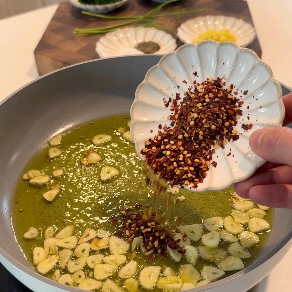 Rote Chiliflocken werden in die Pfanne zu den gebratenen Knoblauchscheiben im Öl gestreut.