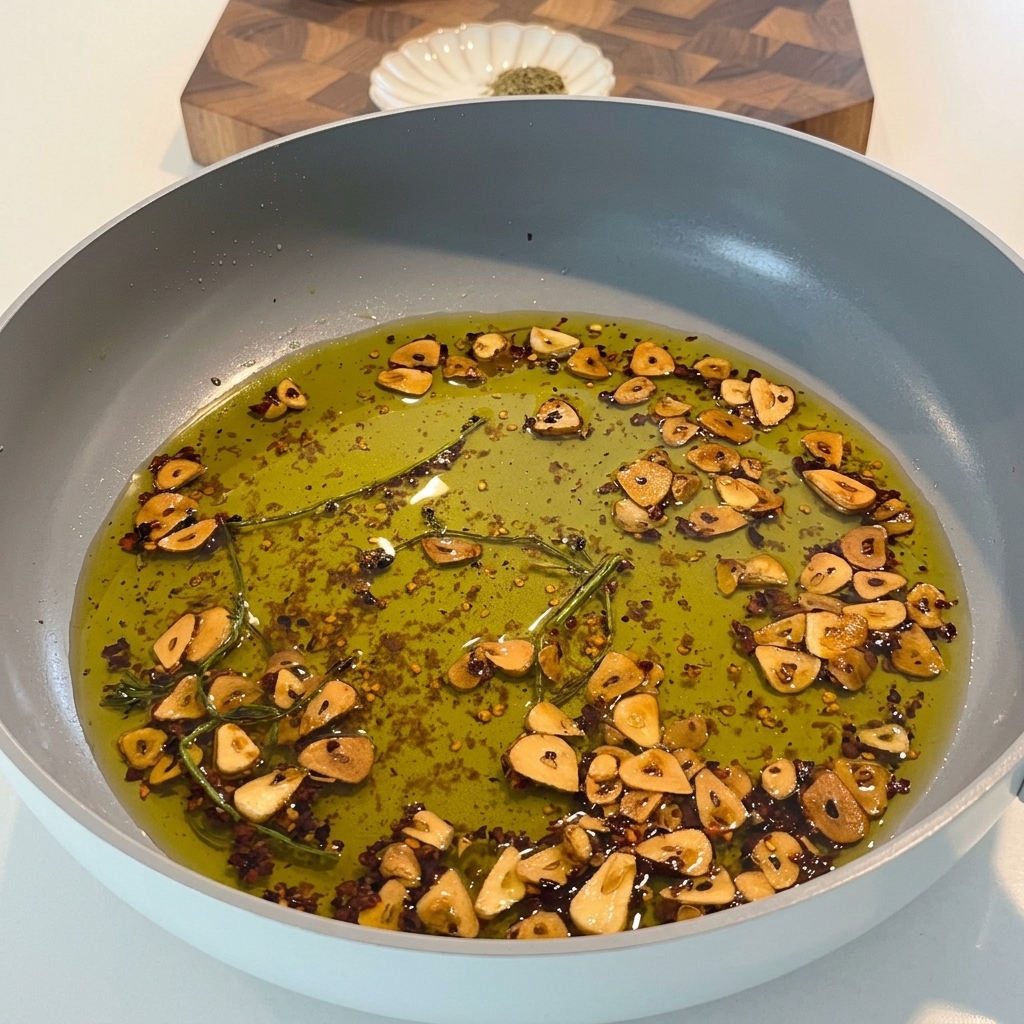 Stärkehaltiges Nudelwasser wird in die Pfanne gegossen, um Öl, Knoblauch und Kräuter zu emulgieren.