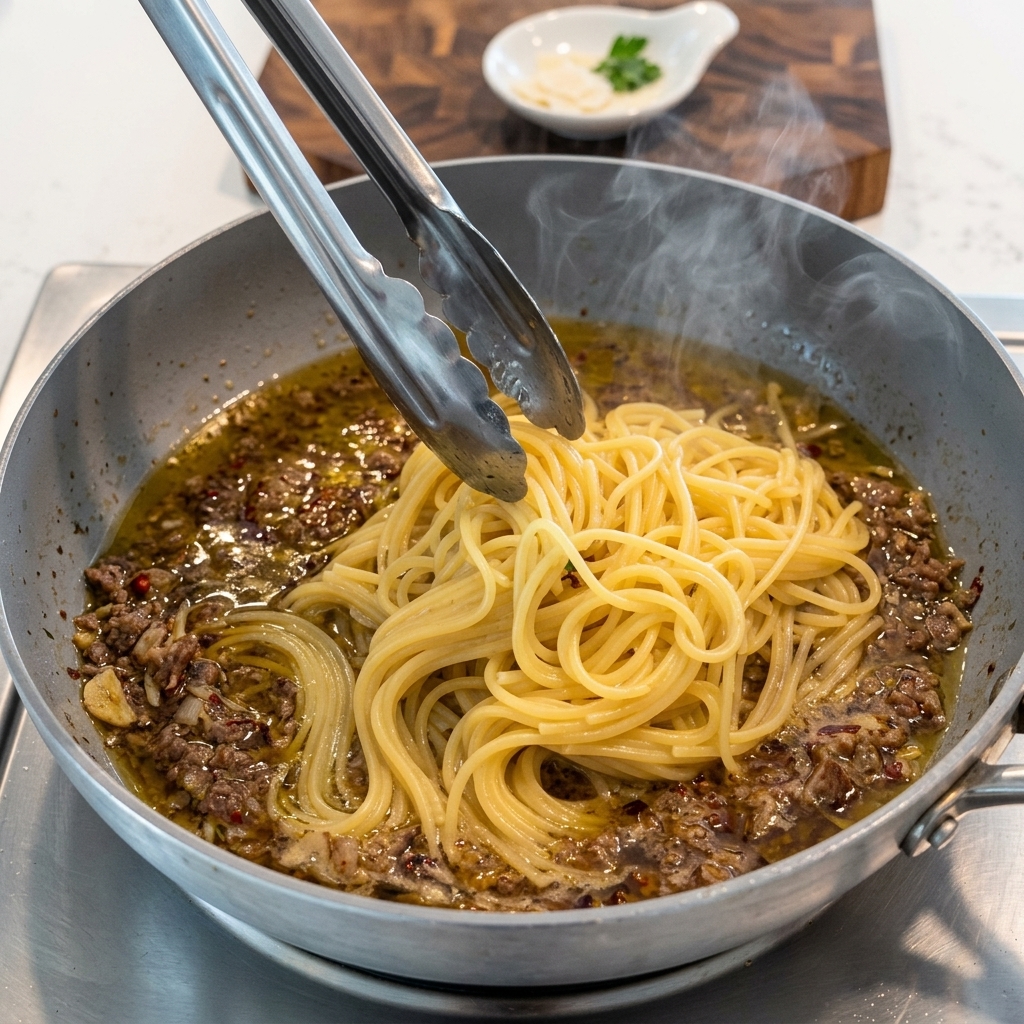 Al dente gekochte Pasta wird mit der vorbereiteten Sauce in der Pfanne vermischt.