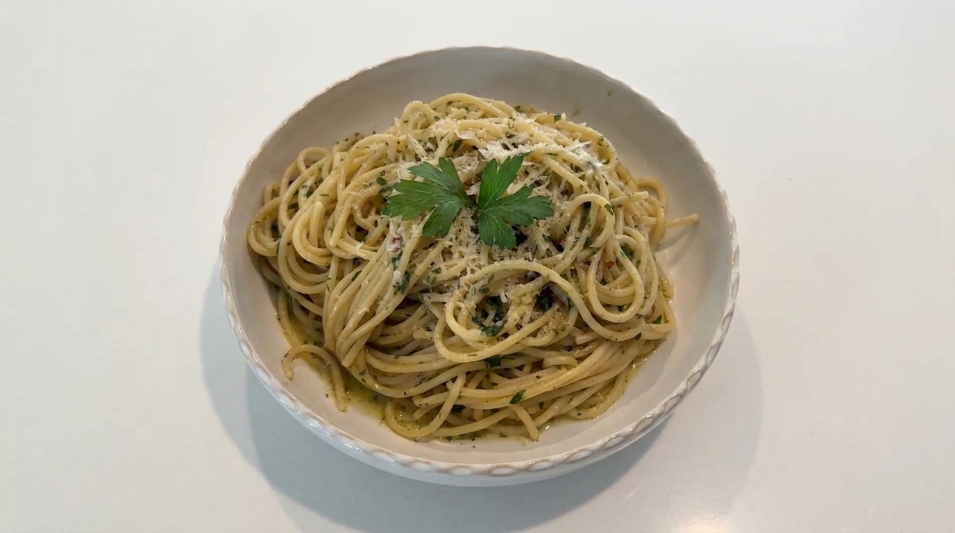 Ein Teller glänzende, zitronige Pasta, verfeinert mit frischer Petersilie und Parmesan.