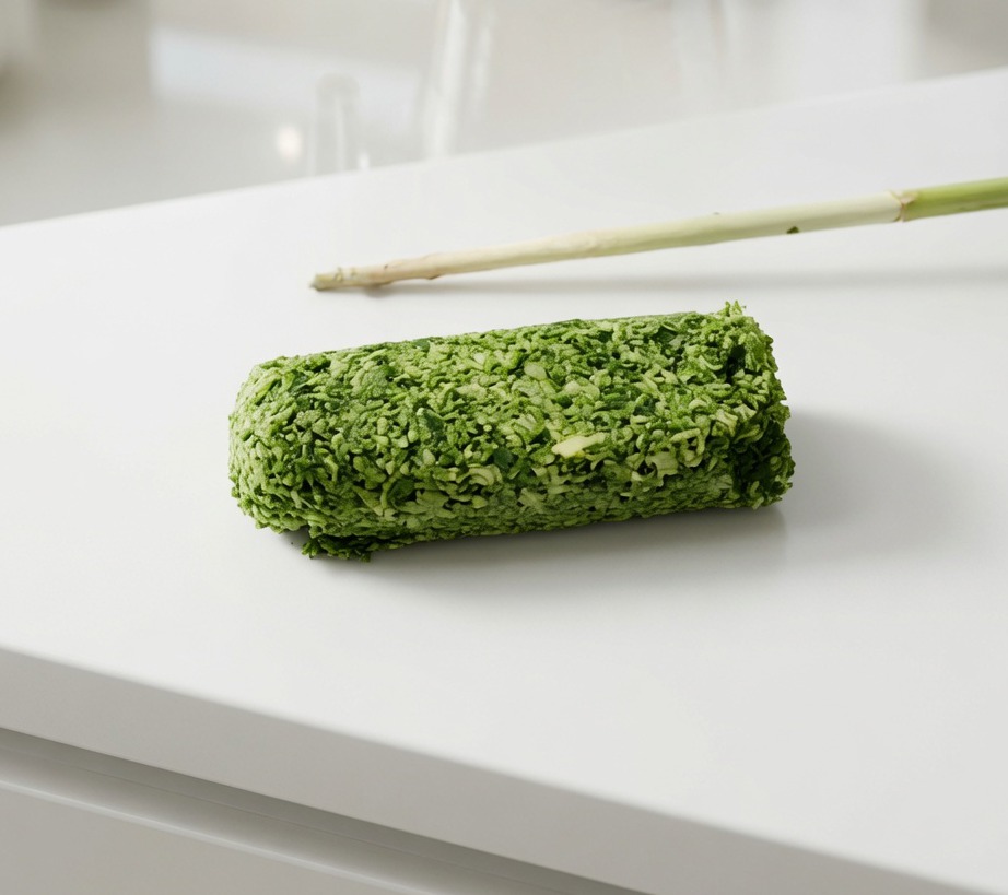 Eine fertige Rolle Knoblauch-Kräuterbutter, in Backpapier gewickelt, bereit für den Gefrierschrank.