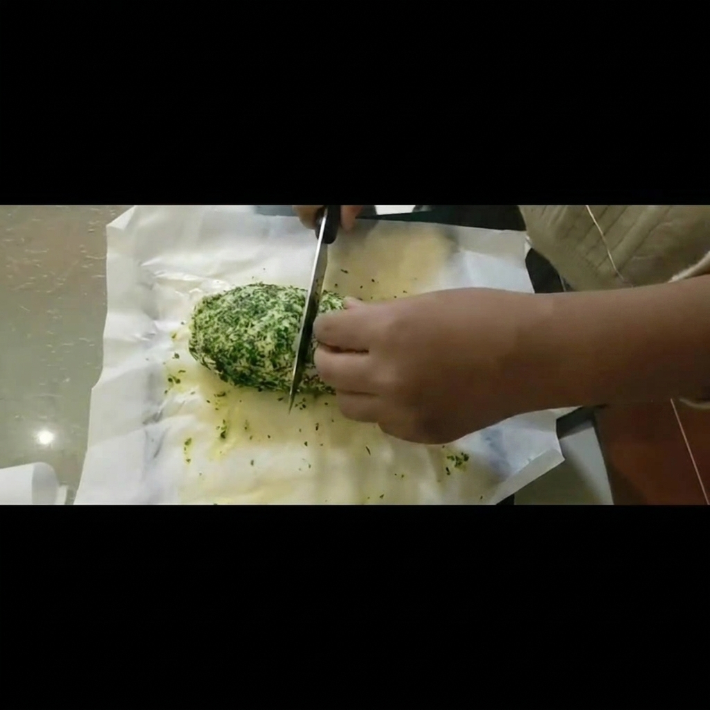 Gleichmäßig geschnittene Stücke Knoblauch-Kräuterbutter auf Backpapier.