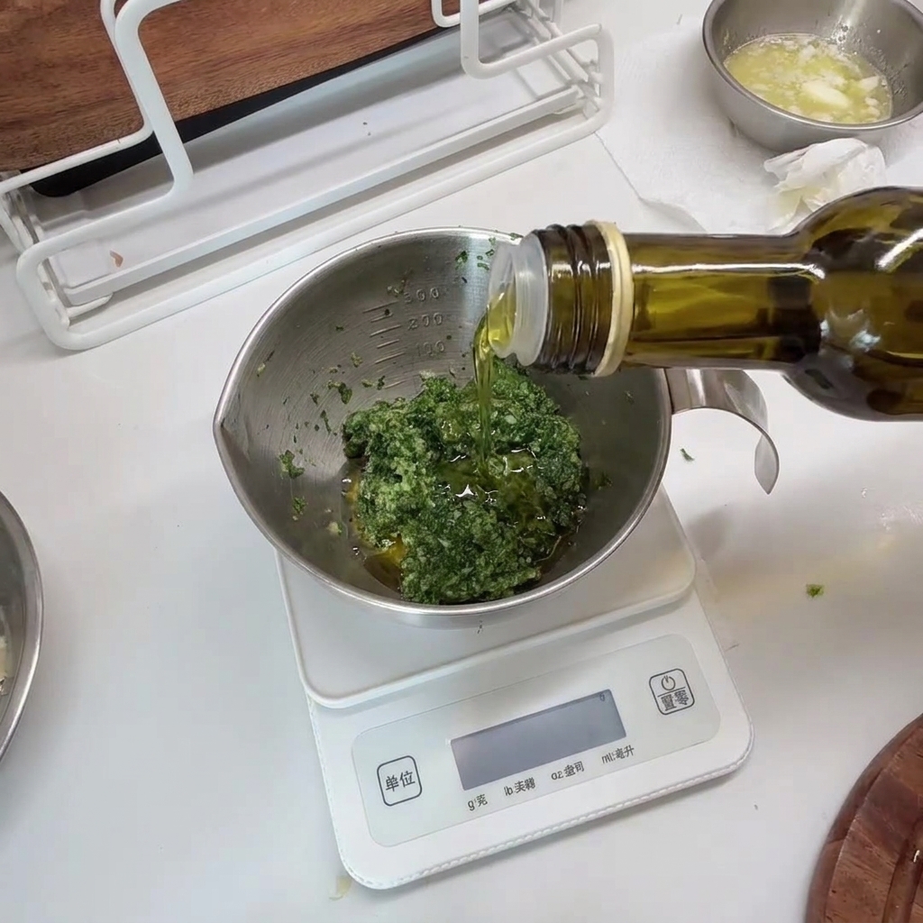 Olivenöl wird in eine Schale mit der Kräutermischung gegossen.