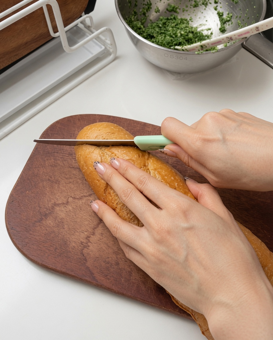 Ein Baguette wird mit einem Brotmesser in diagonale Scheiben geschnitten.