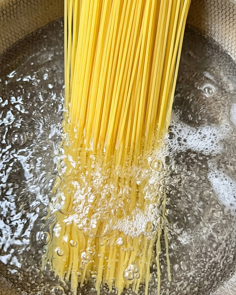 Dünne Nudeln in einem Topf mit kochendem Wasser.