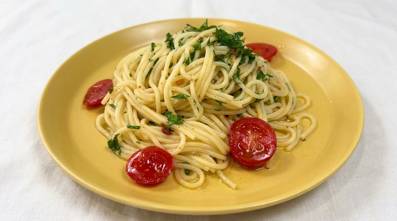Ein Teller Spaghetti Aglio e Olio, garniert mit frischer Petersilie und Kirschtomaten.