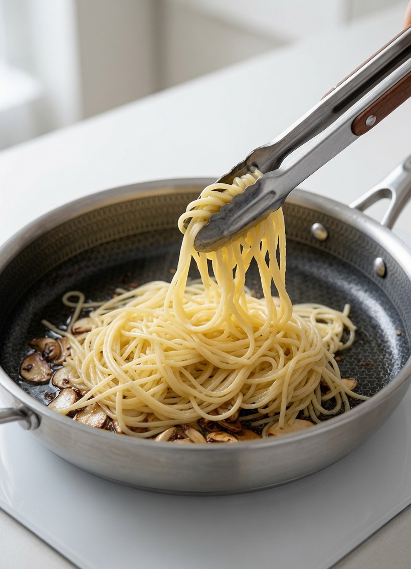 Gekochte Spaghetti werden mit einer Edelstahlzange in der Pfanne mit dem Knoblauch-Chili-Öl vermengt.
