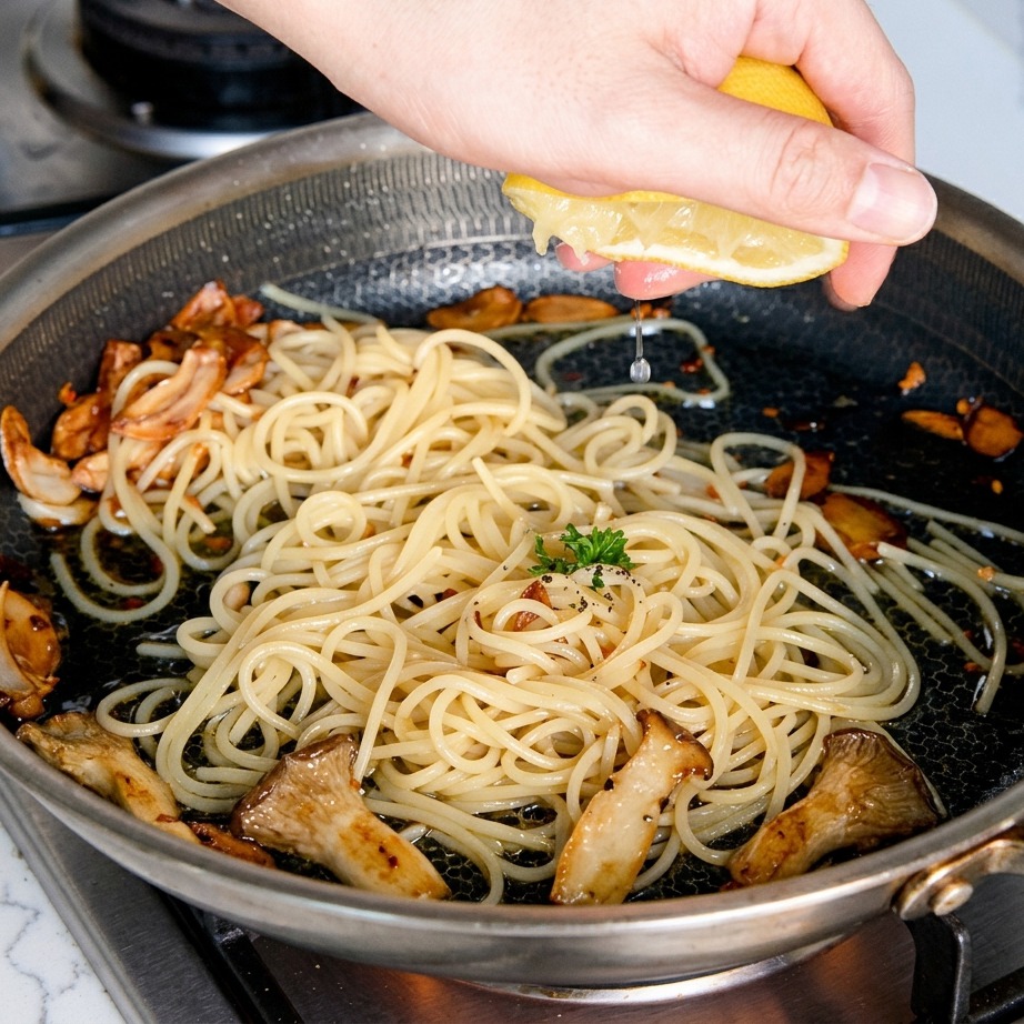 Eine frische Zitronenspalte wird über der Pasta in der Pfanne ausgedrückt.