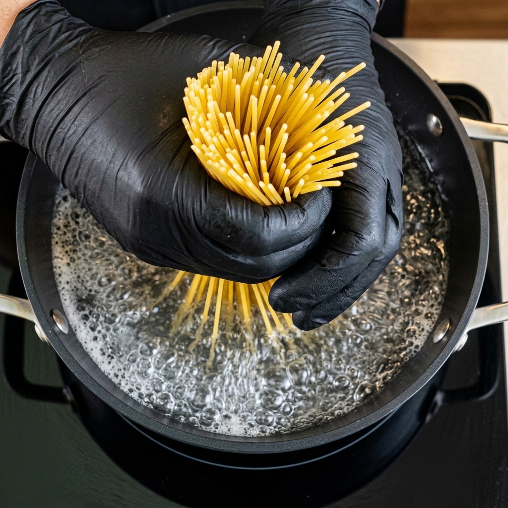 Behandschuhte Hände halten ein Bündel trockener Spaghetti und geben es direkt in einen Topf mit sprudelnd kochendem Wasser.