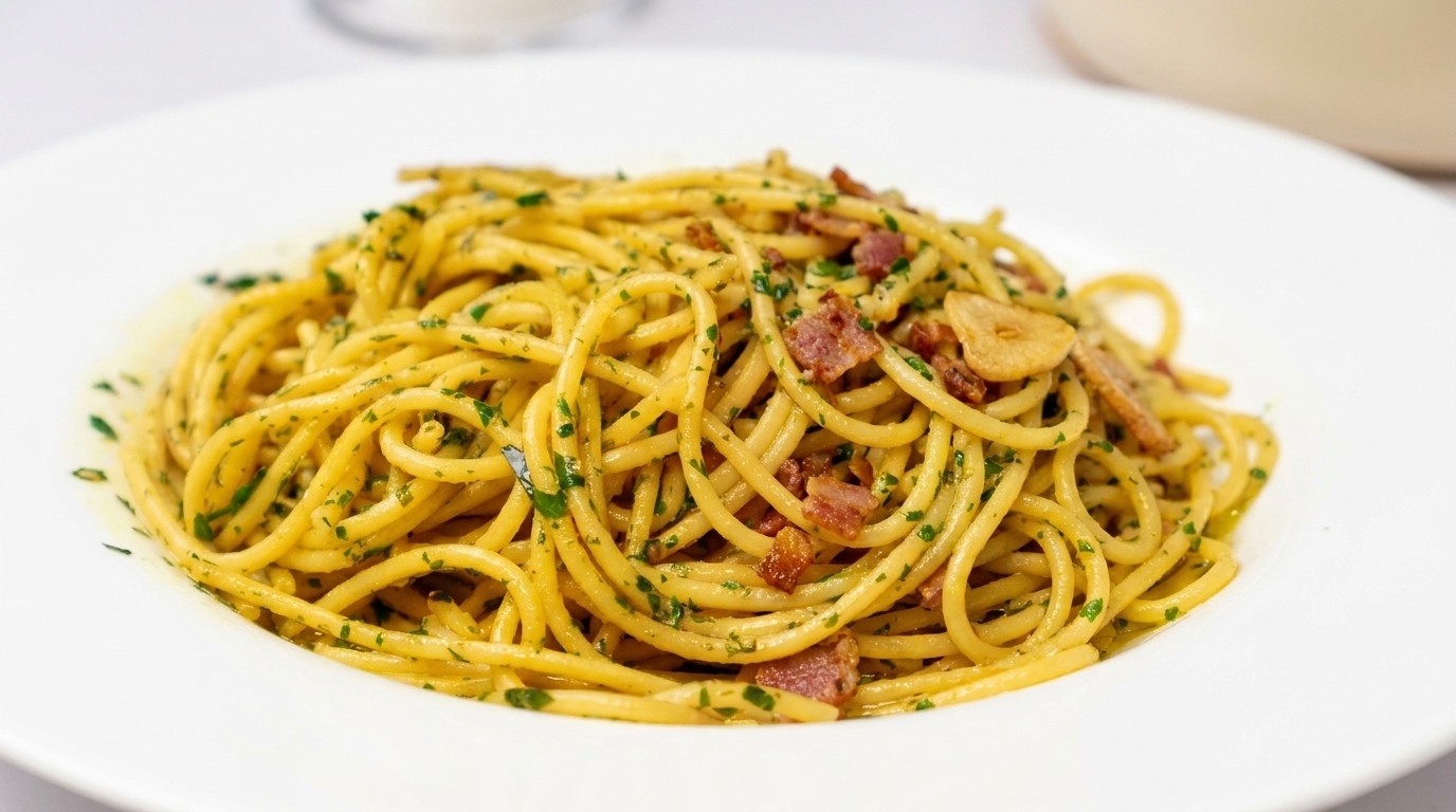 Klassische Spaghetti Aglio e Olio mit knusprigem Speck