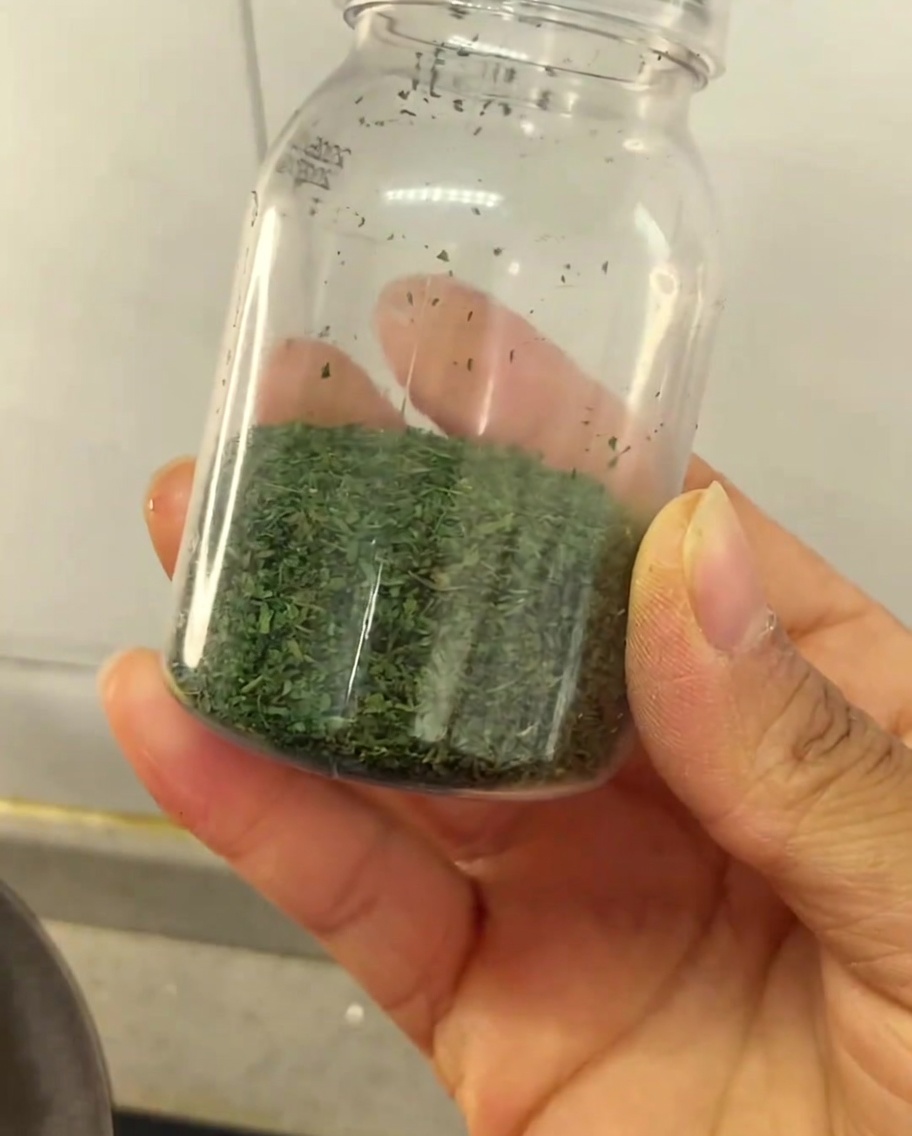 Eine Hand hält ein kleines, durchsichtiges Plastikglas, das teilweise mit hausgemachtem, getrocknetem grünem Sellerieblatt-Gewürz gefüllt ist.