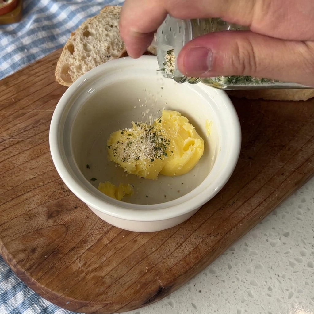 Nahaufnahme von gehacktem Knoblauch, der in eine Schale mit Butter und Kräutern gegeben wird.