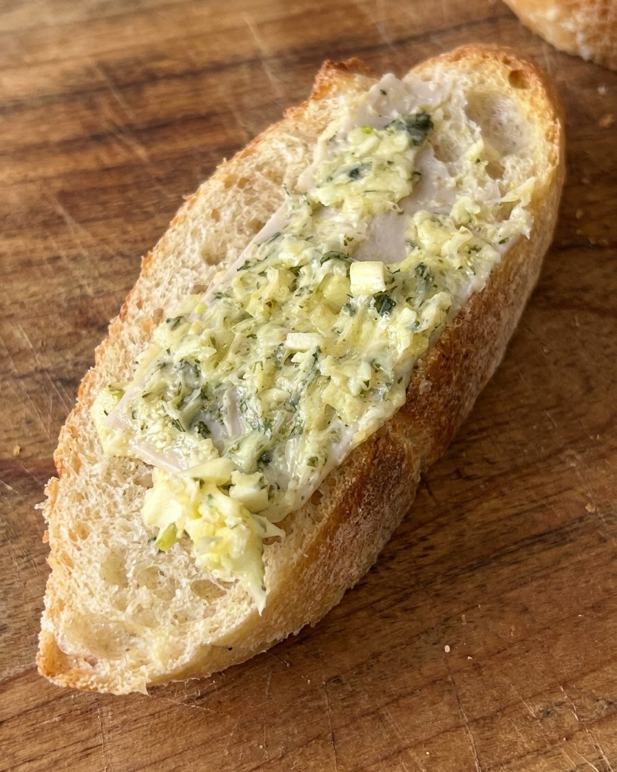 Eine Baguettescheibe wird mit einem Spatel gleichmäßig mit Knoblauchbutter bestrichen.