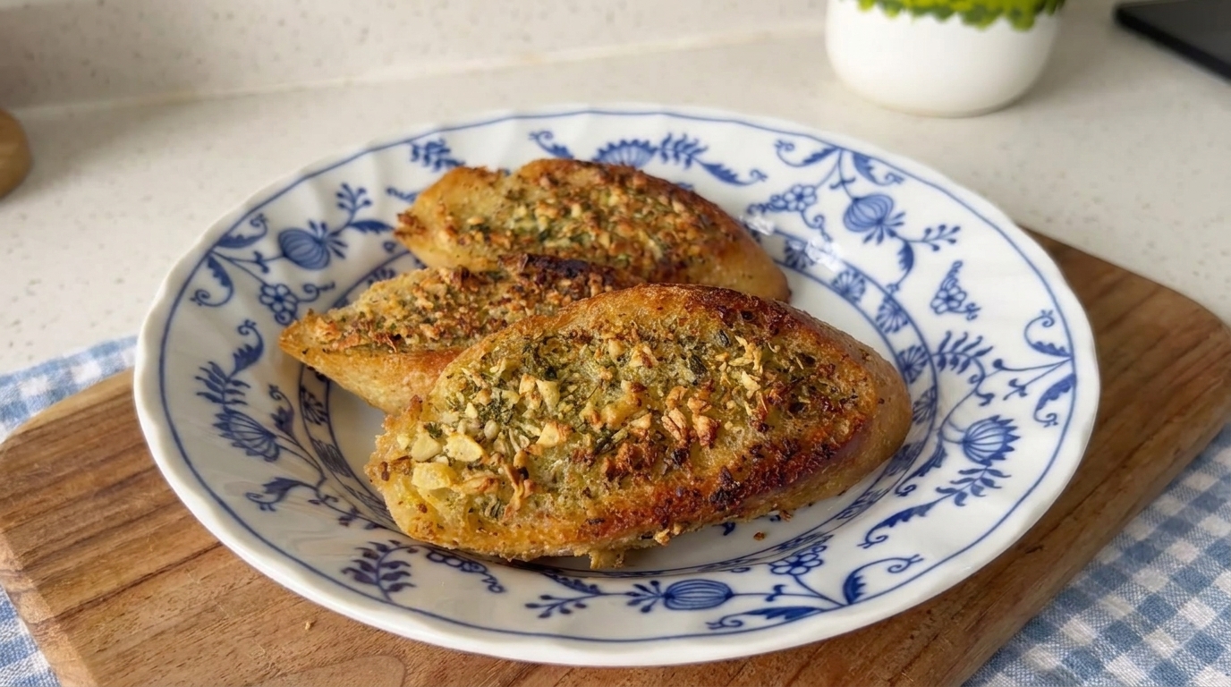 Goldbraun geröstete Knoblauchbrot-Scheiben mit einer aromatischen Kräuter-Knoblauch-Butter.