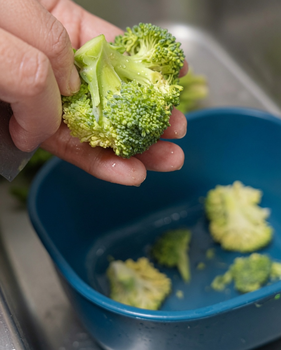 Frische Brokkoliröschen werden gewaschen und für die Zubereitung zerkleinert.