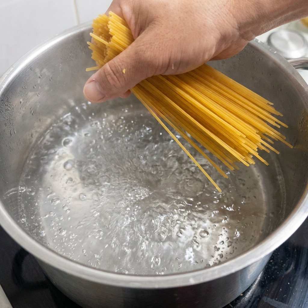 Eine Handvoll trockene Spaghetti wird in kochendes Wasser gegeben.
