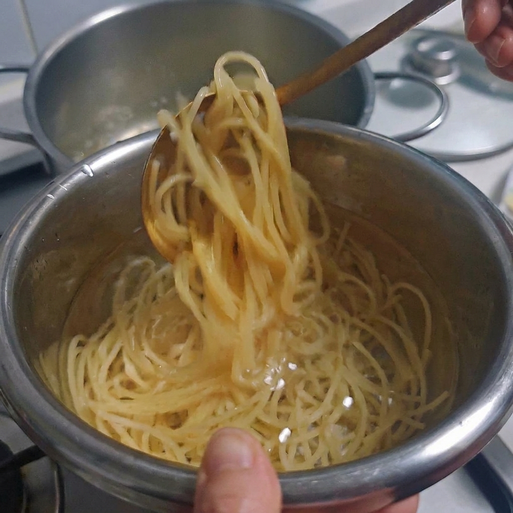 Gekochte Spaghetti-Stränge werden in einer Schüssel mit kaltem Wasser abgeschreckt.