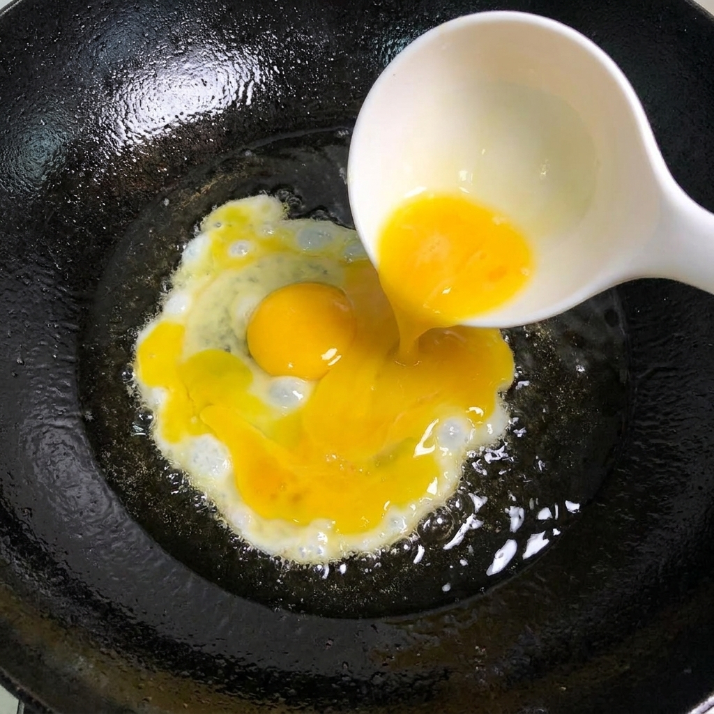 Eier werden in einer heißen Pfanne zu Rührei verarbeitet.