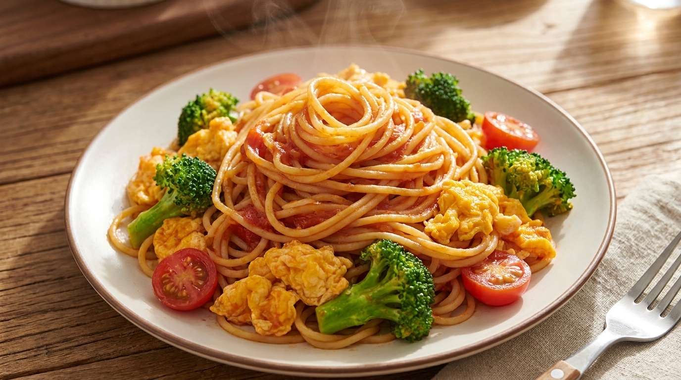 Gebratene Tomaten-Spaghetti mit Ei und Brokkoli