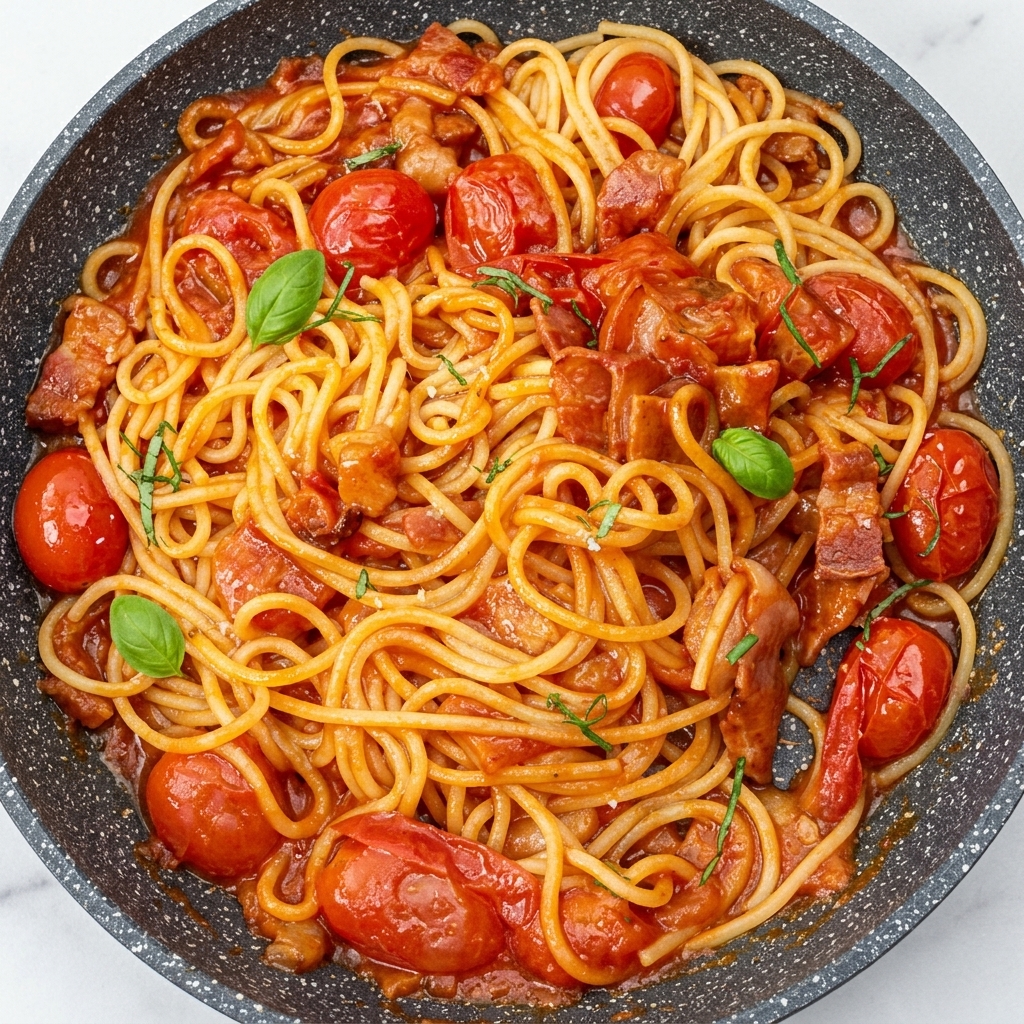 Geriebener Käse wird über die fertige Pasta in der Pfanne gestreut.