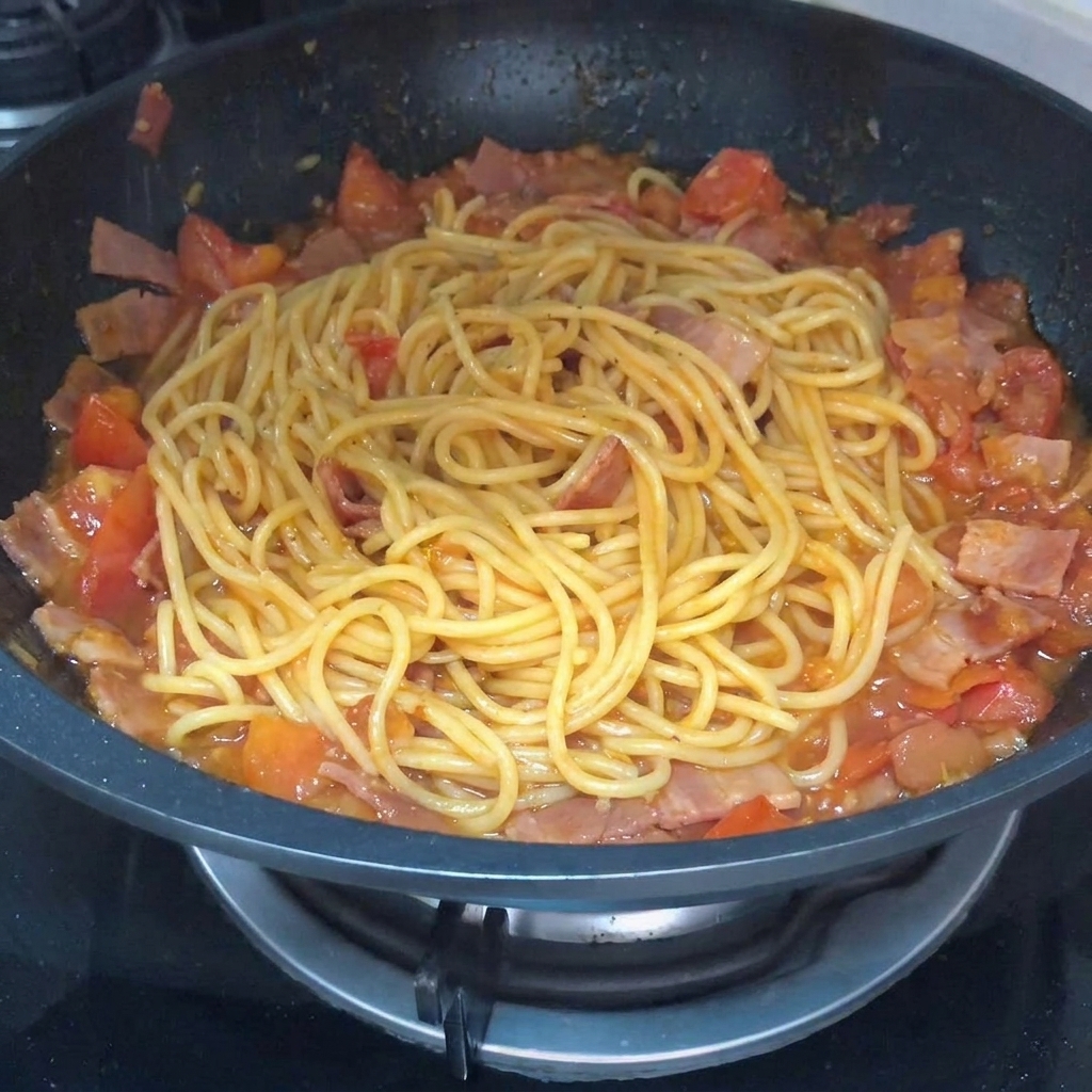 Nahaufnahme der Pasta in der Pfanne, während schwarzer Pfeffer darüber gestreut wird.