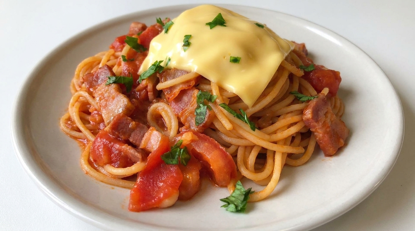 Einfache Tomaten-Speck-Pasta mit geschmolzenem Käse