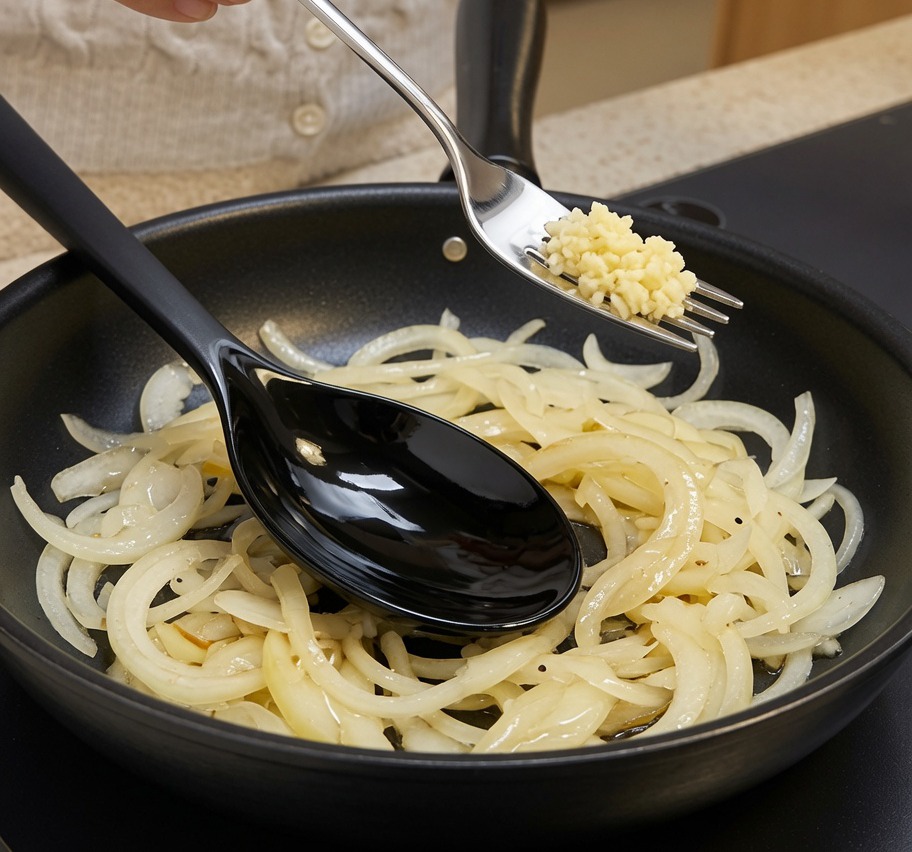 Eine Gabel voll gehacktem Knoblauch wird zu den sautierten Zwiebeln in eine Pfanne gegeben.