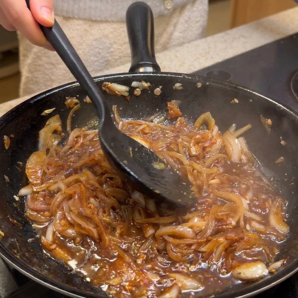 Nudelwasser und Chiliöl werden in einer Pfanne zu einer dunklen Zwiebelsauce gegeben.
