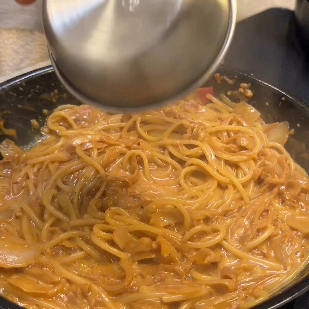 Knusprige Speckstücke werden für das finale Schwenken in eine Pfanne mit cremiger Pasta gegeben.