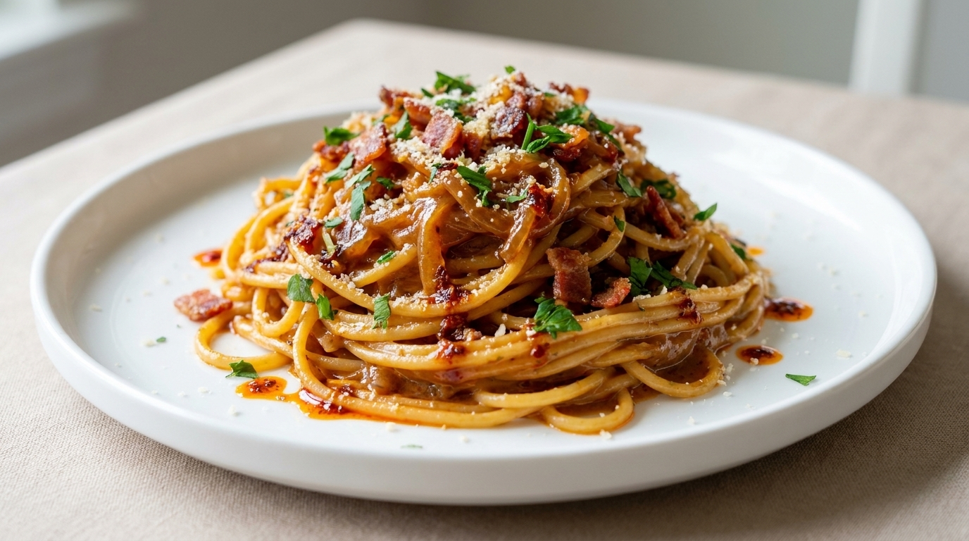 Karamellisierte Zwiebel-Speck-Pasta in pikanter Sahnesauce