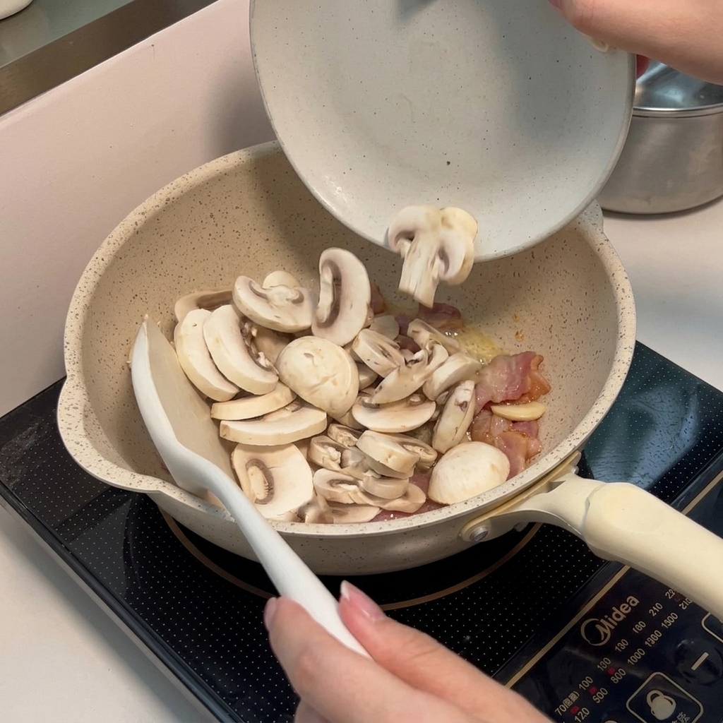 Gebratener Knoblauch, knuspriger Speck und goldbraune Pilzscheiben in einer Pfanne.