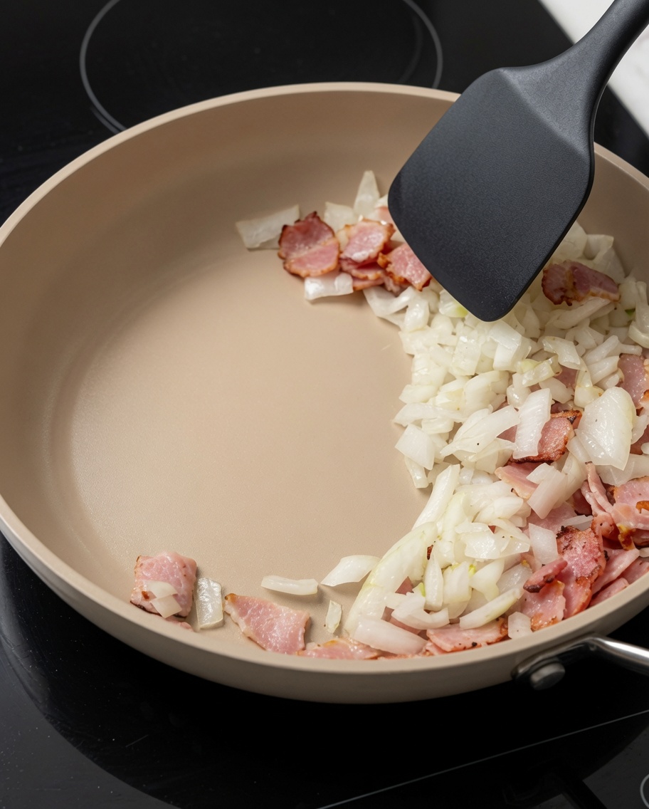 Wasser wird in die Pfanne mit der Speck-Zwiebel-Mischung gegossen.