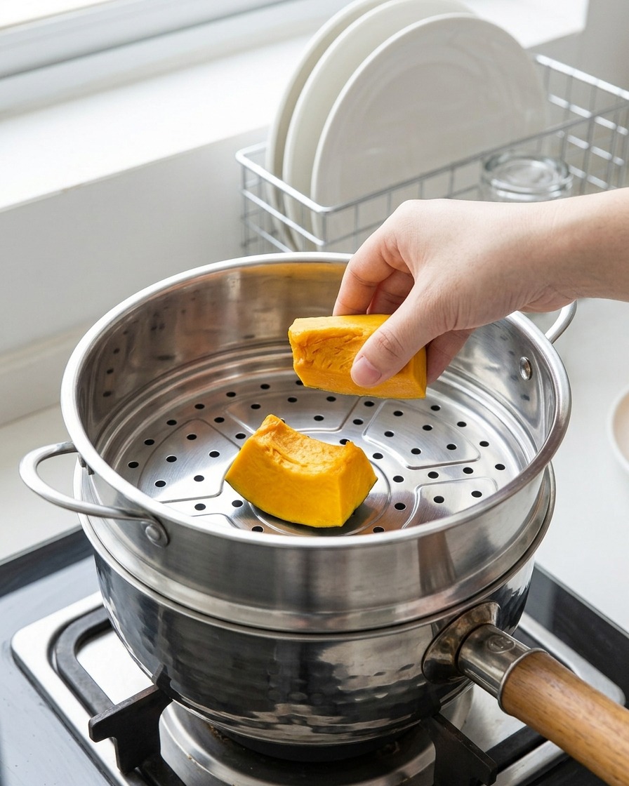 Gewürfelte Kürbisstücke in einem Metalldämpfeinsatz über kochendem Wasser.