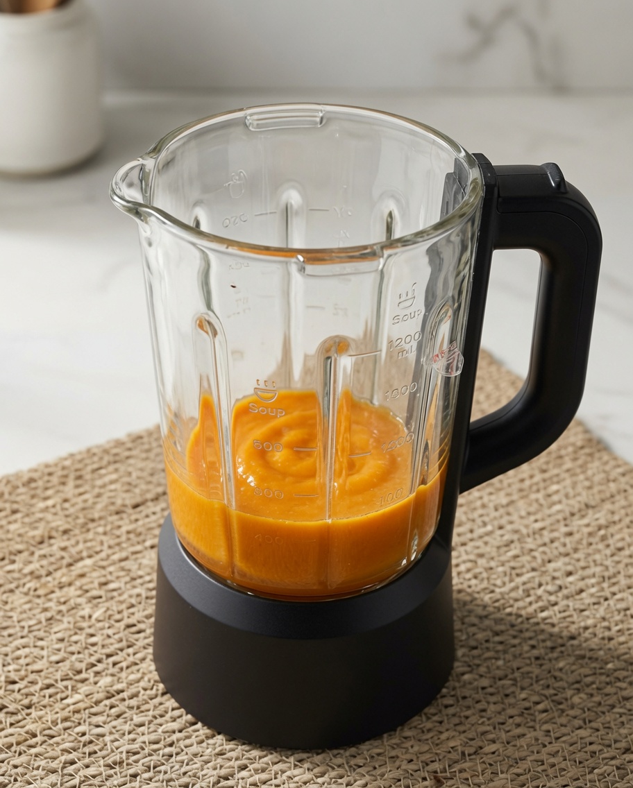 Eine glatte, cremige orangefarbene Kürbissauce in einem Mixer.