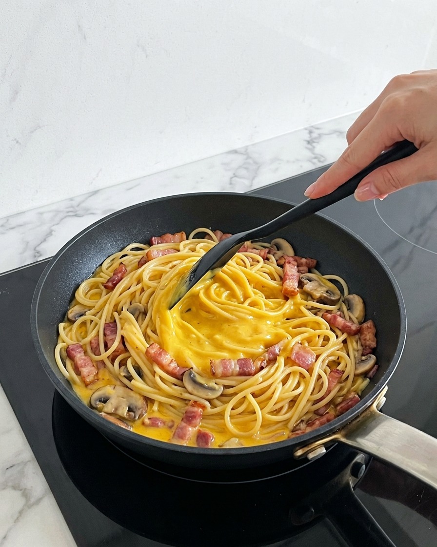 Ein schwarzer Pfannenwender vermischt die Spaghetti mit der Kürbissauce.