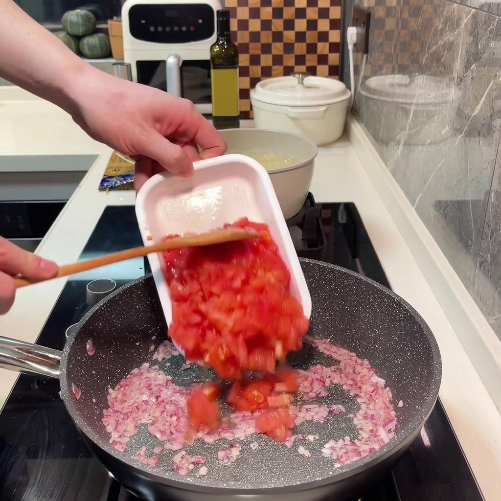 Gewürfelte Tomaten köcheln in einer Pfanne, bis sie ihren Saft abgeben.