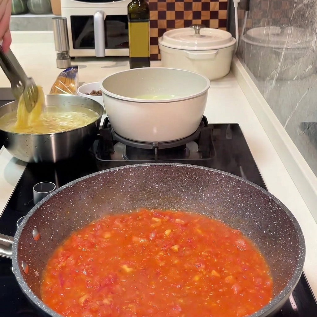 Gebratenes Hackfleisch wird wieder unter die Tomaten-Zwiebel-Basis gemischt.