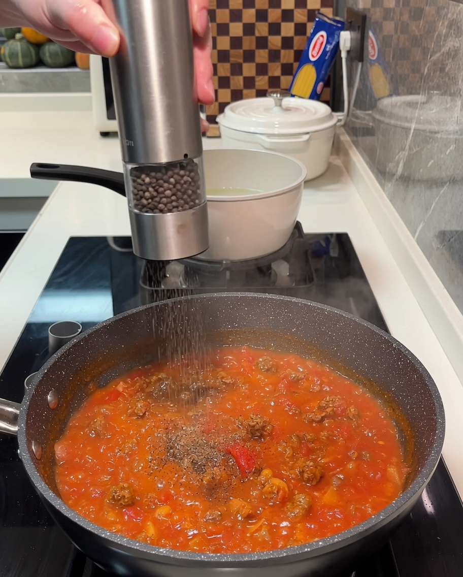 Tomatenketchup und Gewürze werden zur Fleischsauce in der Pfanne hinzugefügt.