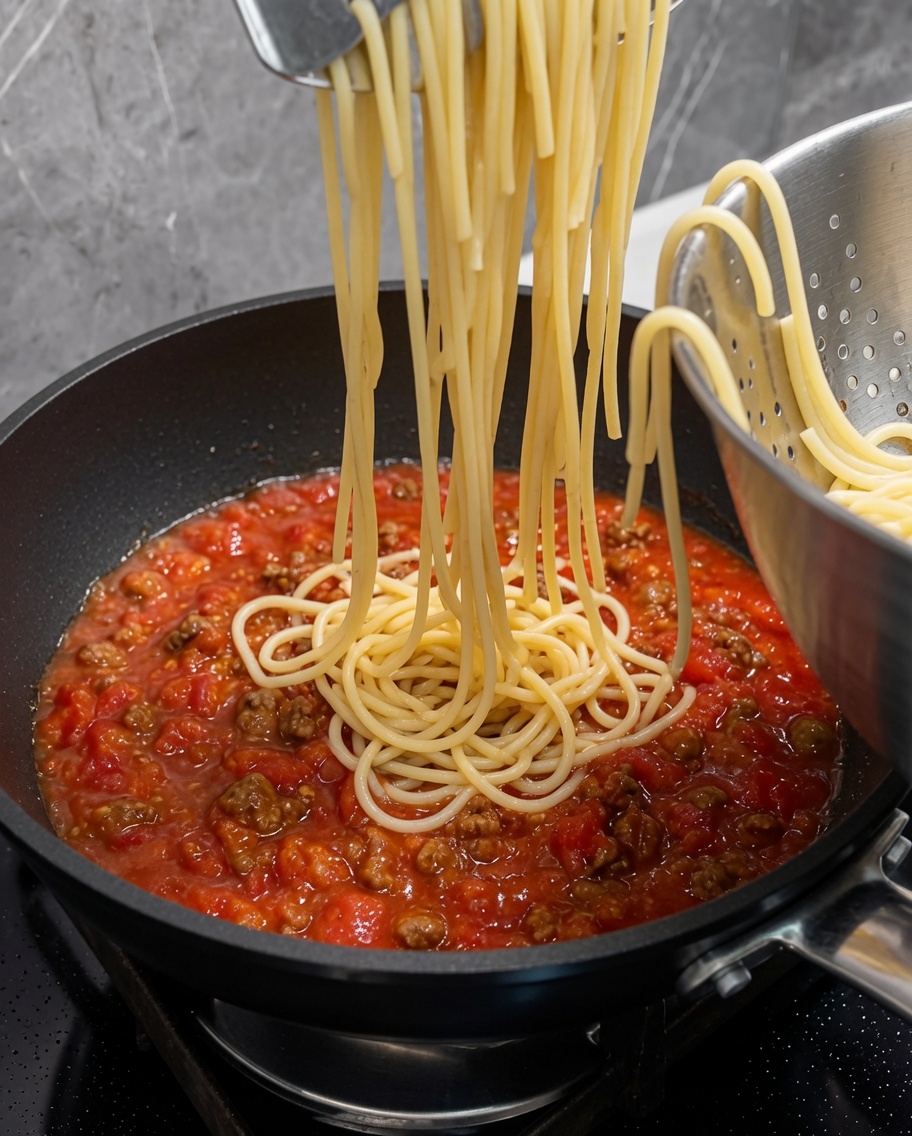 Gekochte Spaghetti werden in die Pfanne zur Fleischsauce gegeben.