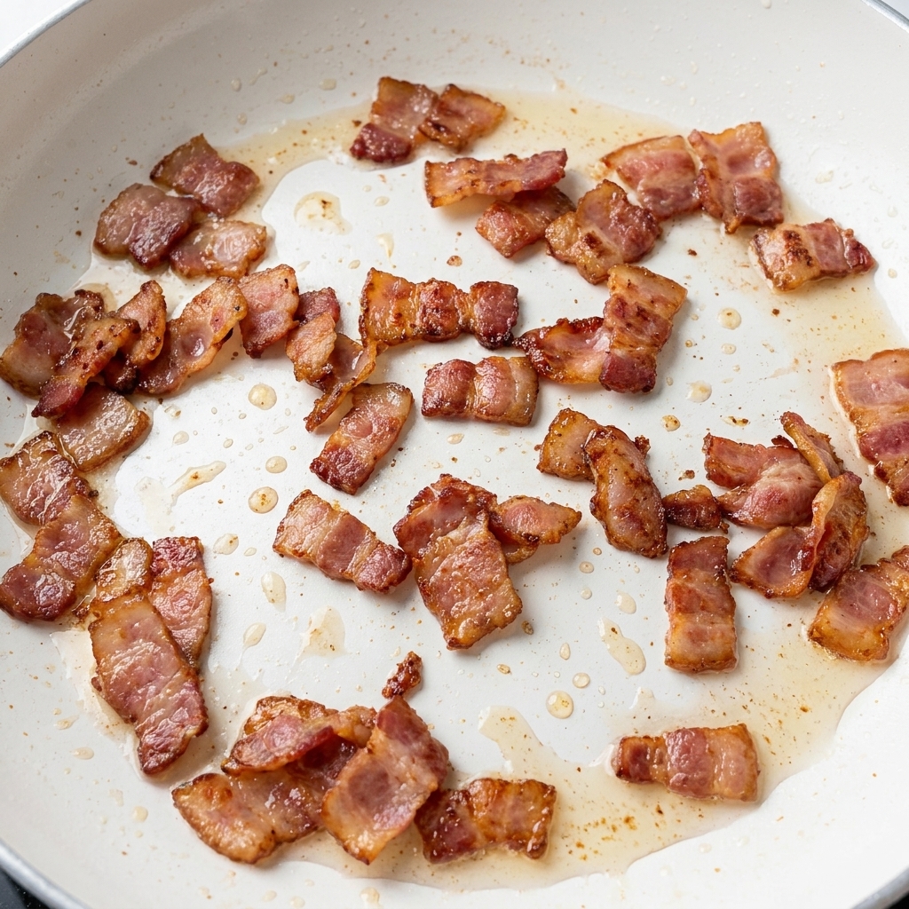In ausgelassenem Fett brutzelnde, knusprige Guanciale-Stücke.