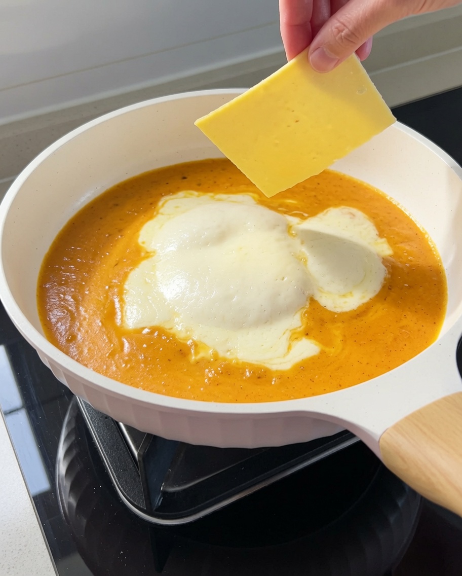Eine Scheibe Schmelzkäse schmilzt in der orangefarbenen cremigen Sauce.